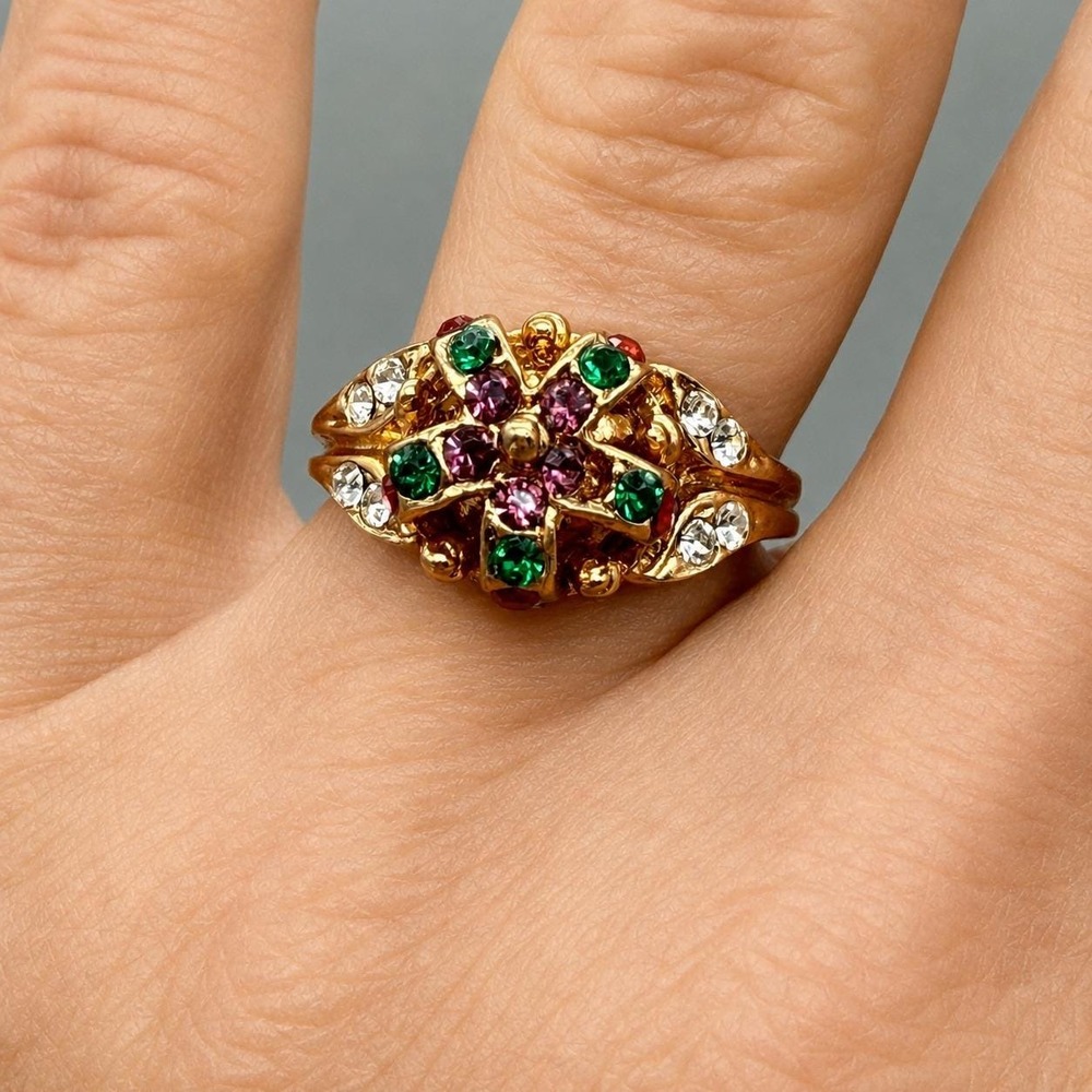 Vintage Lind 14KT HGE Multi-Color Crystal Royal Crown Statement Ring Gold Size 8